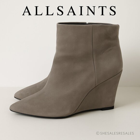 AllSaints ‘Monet Manifesto’ Suede Wedge Booties Women’s EU 39 | Taupe Gray - Picture 1 of 9